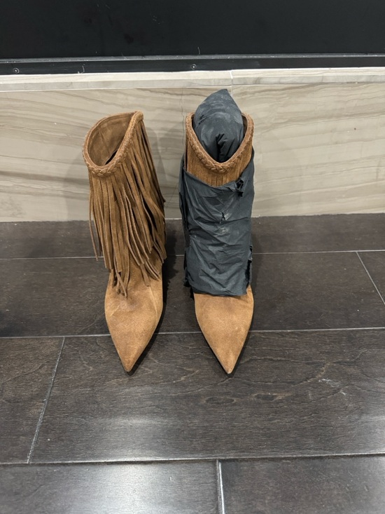 Saint Laurent Shoes - Saint Laurent Tan Suede Fringe Pointed Ankle Boots